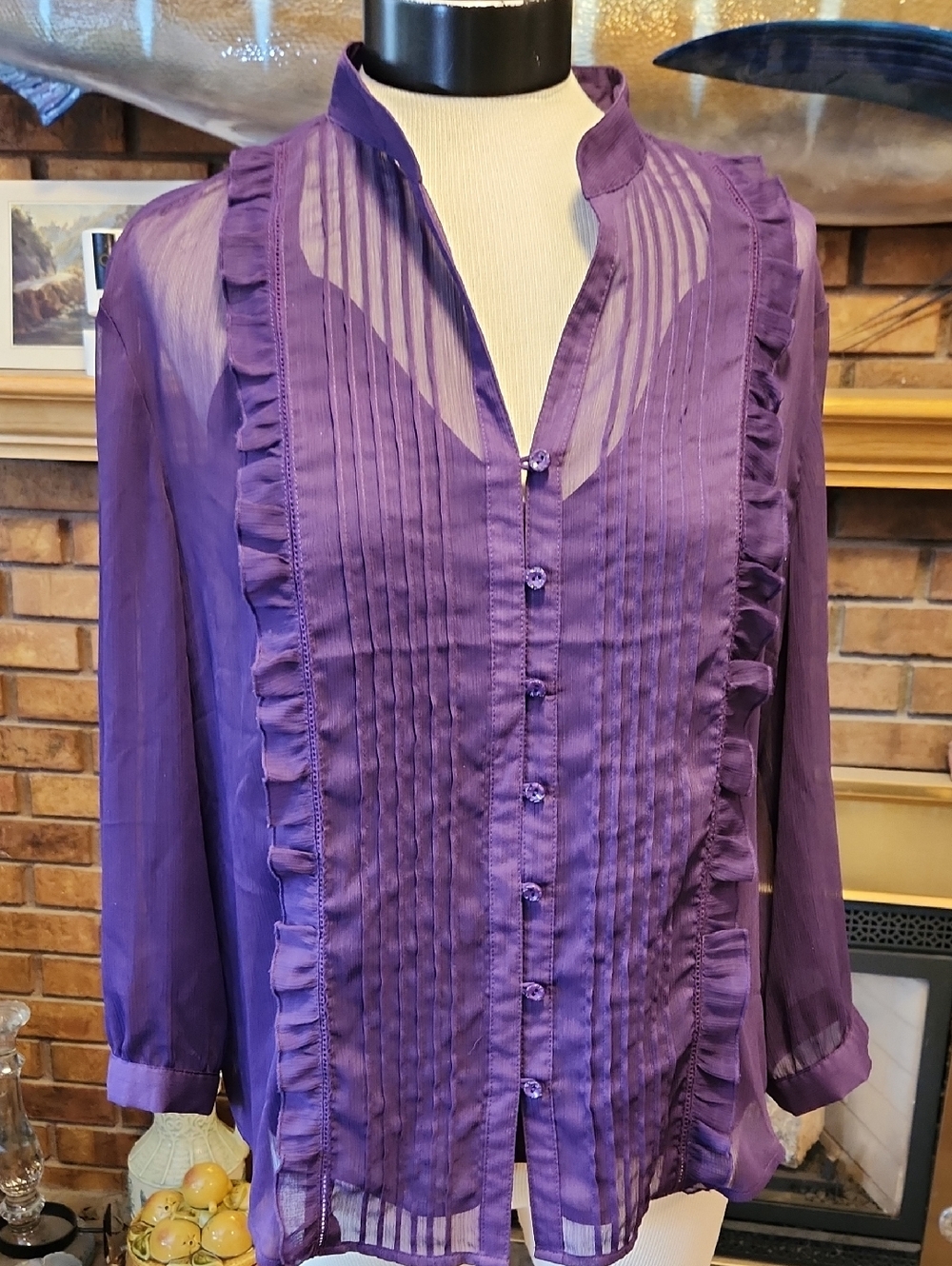 Coldwater Creek Purple Sheer Ruffled Pintuck Blouse With Tank Top Size L Summer